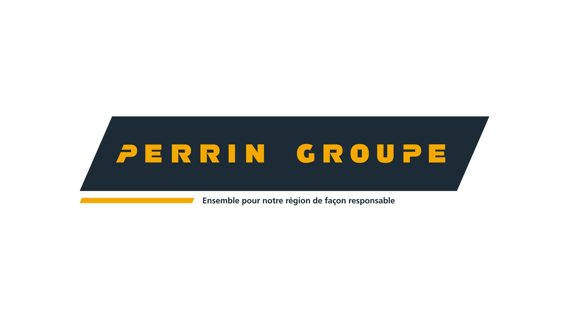 Le logotype Perrin Groupe sur un parallélogramme ardoise