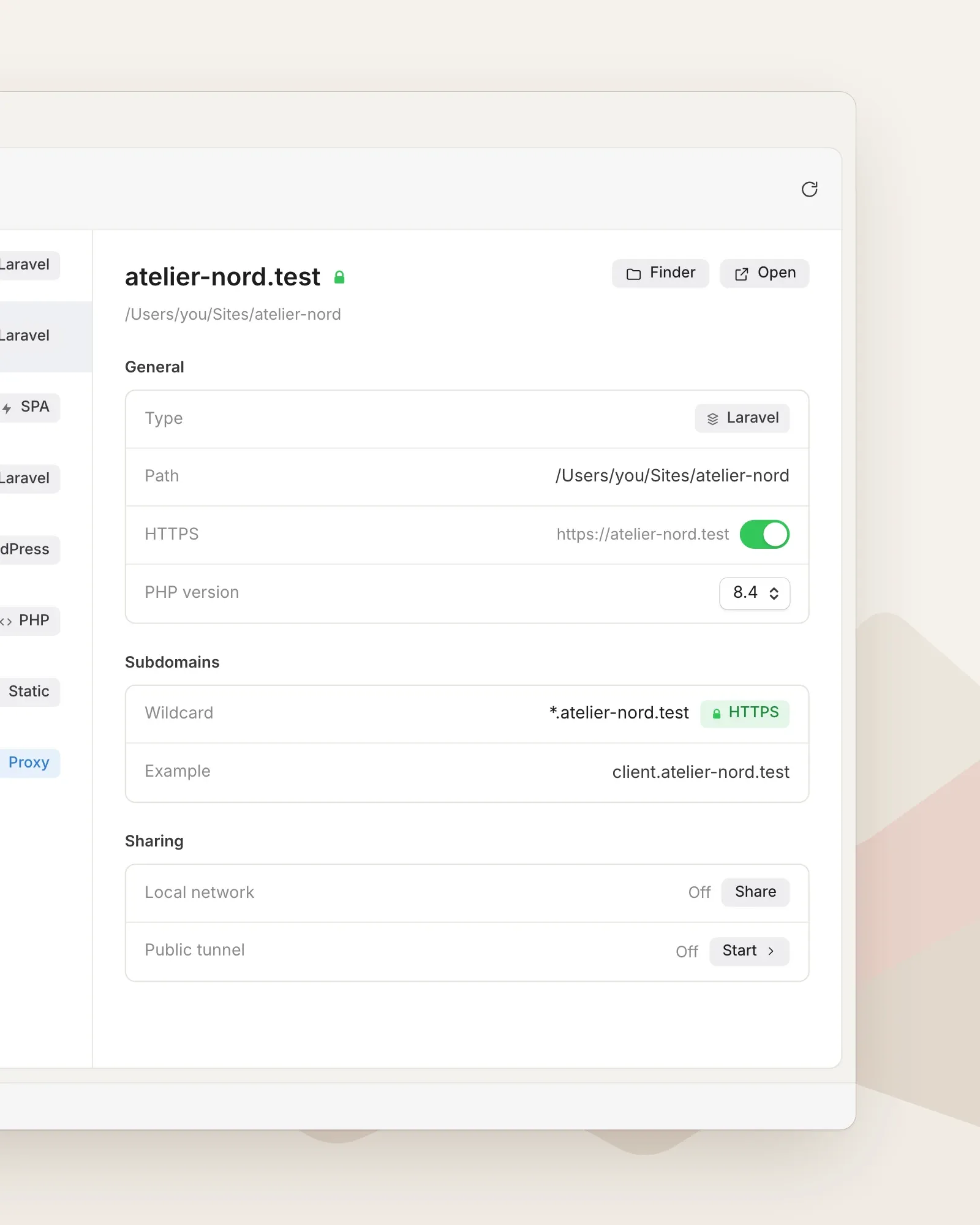 Le détail d’un site : type, HTTPS, version de PHP, sous-domaines