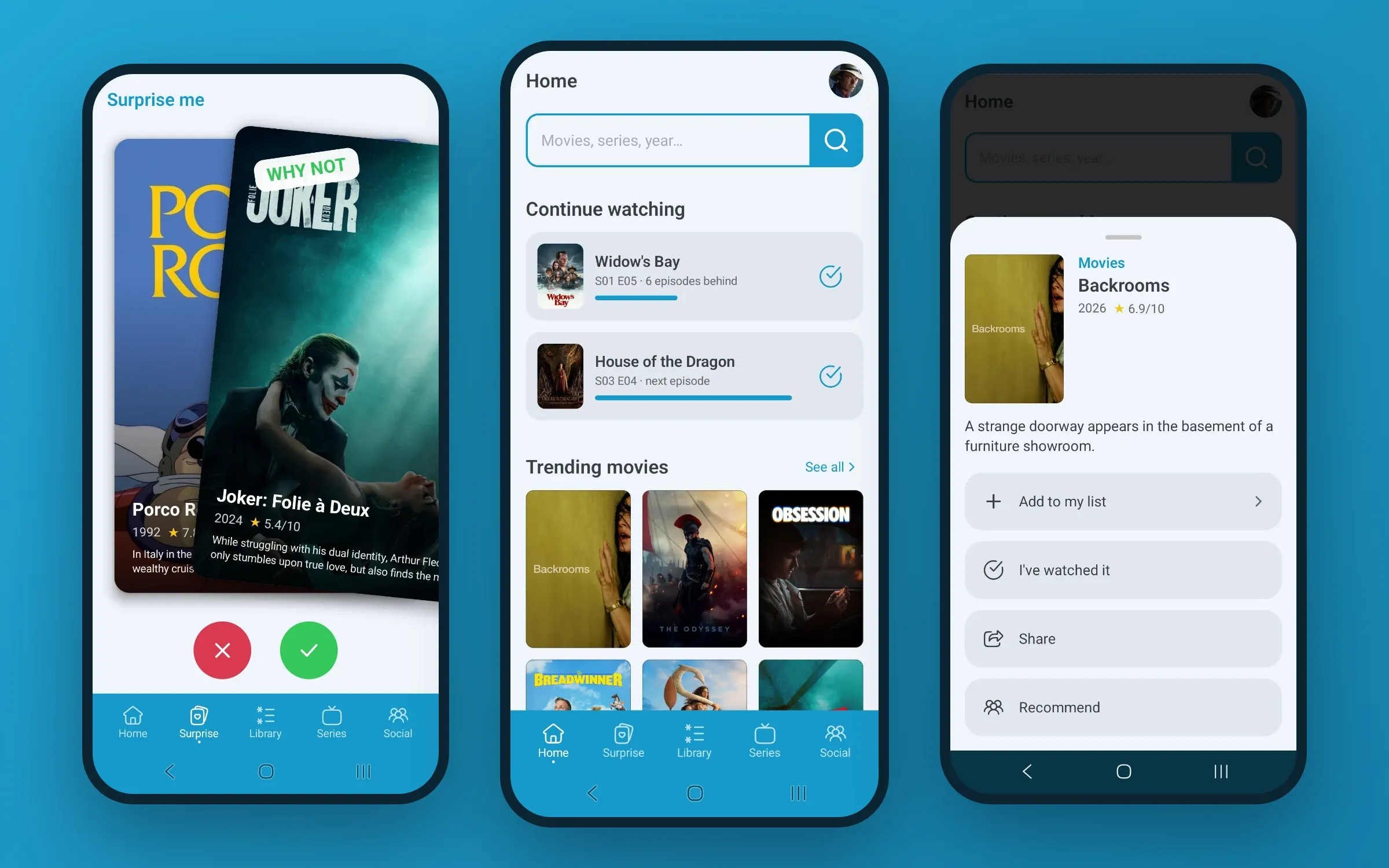 Le mode Surprise, l'accueil et la fiche d'un film sur mobile