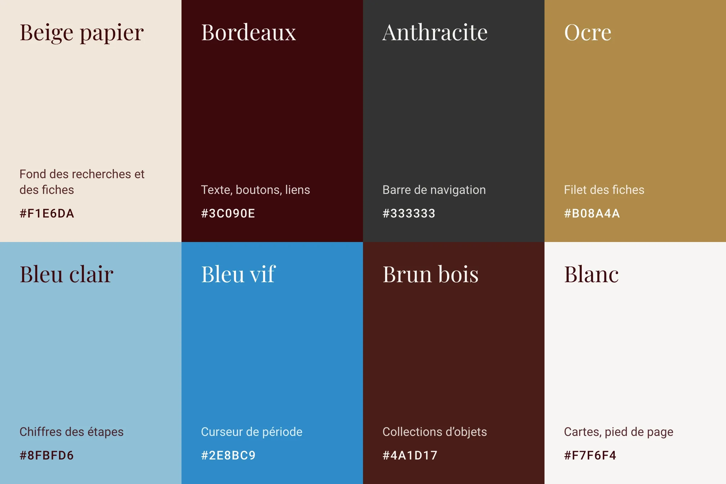 Beige papier, bordeaux, anthracite, ocre, bleu clair, bleu vif, brun bois et blanc