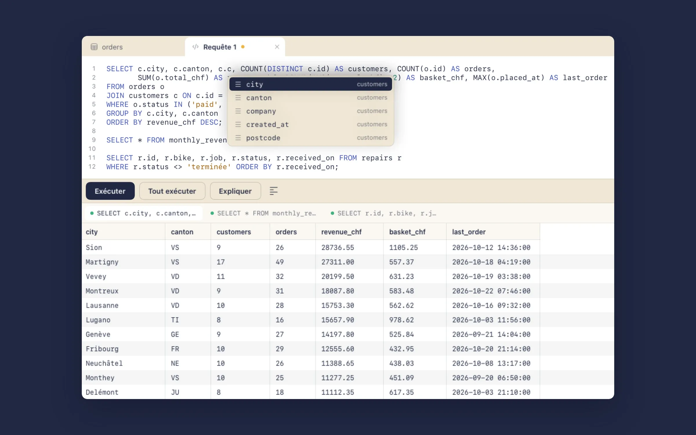 L’éditeur SQL, avec l’autocomplétion et plusieurs résultats