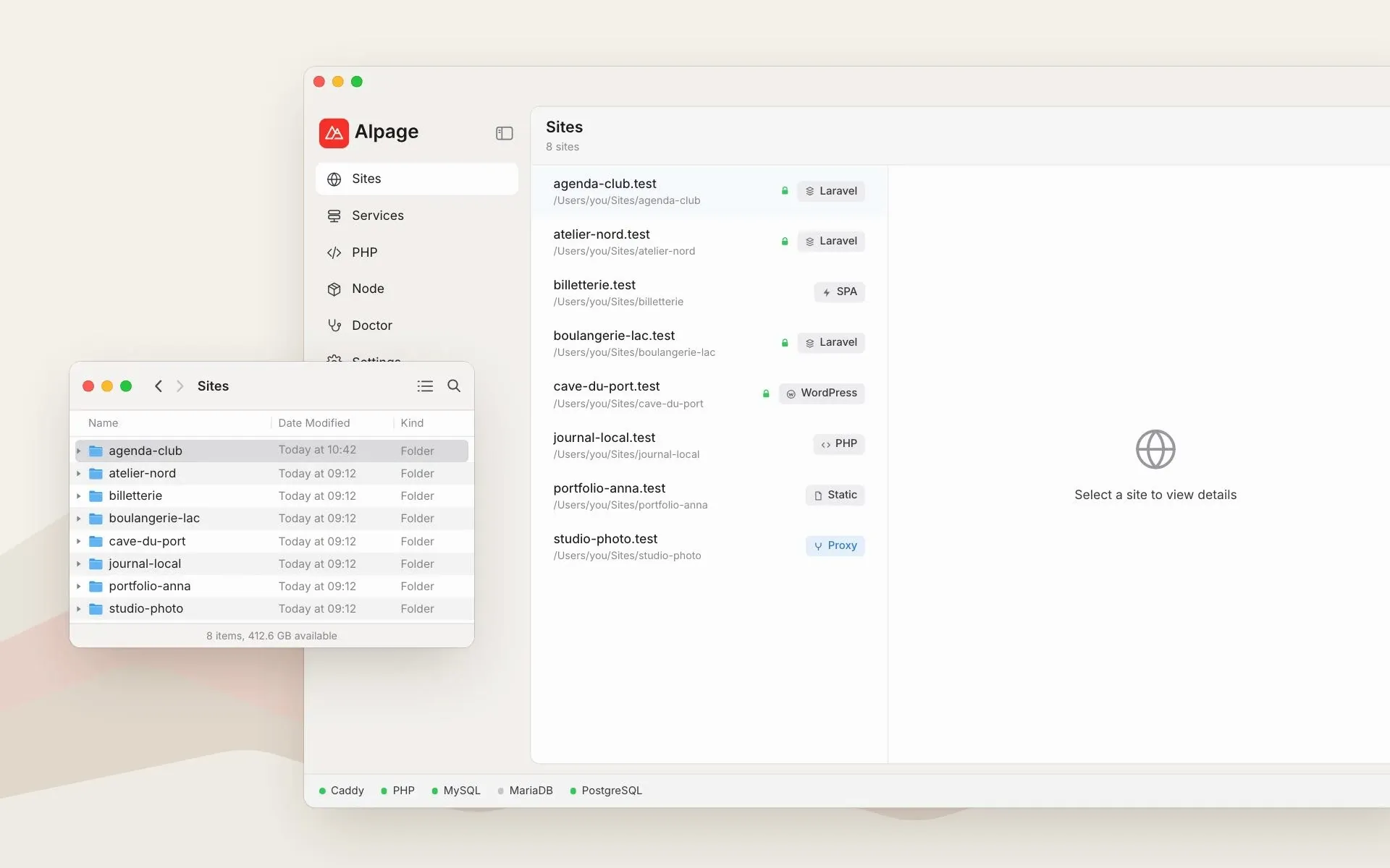 Un nouveau dossier devient un site en .test