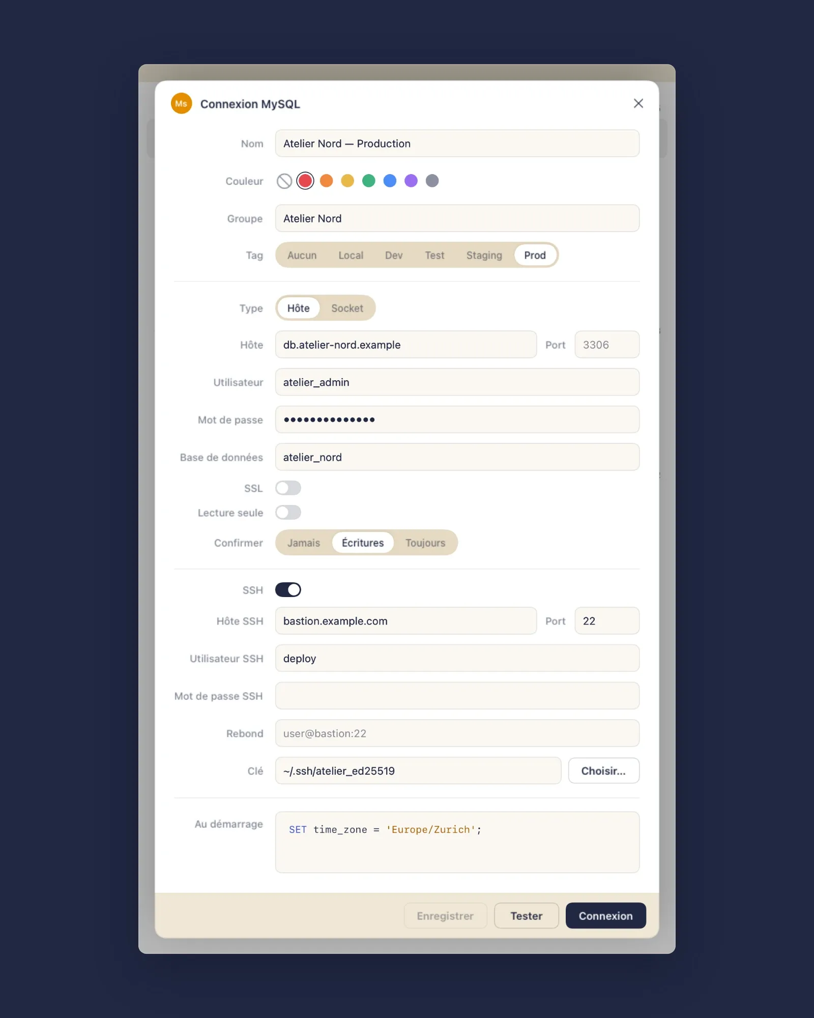 Une connexion par tunnel SSH, étiquetée Prod