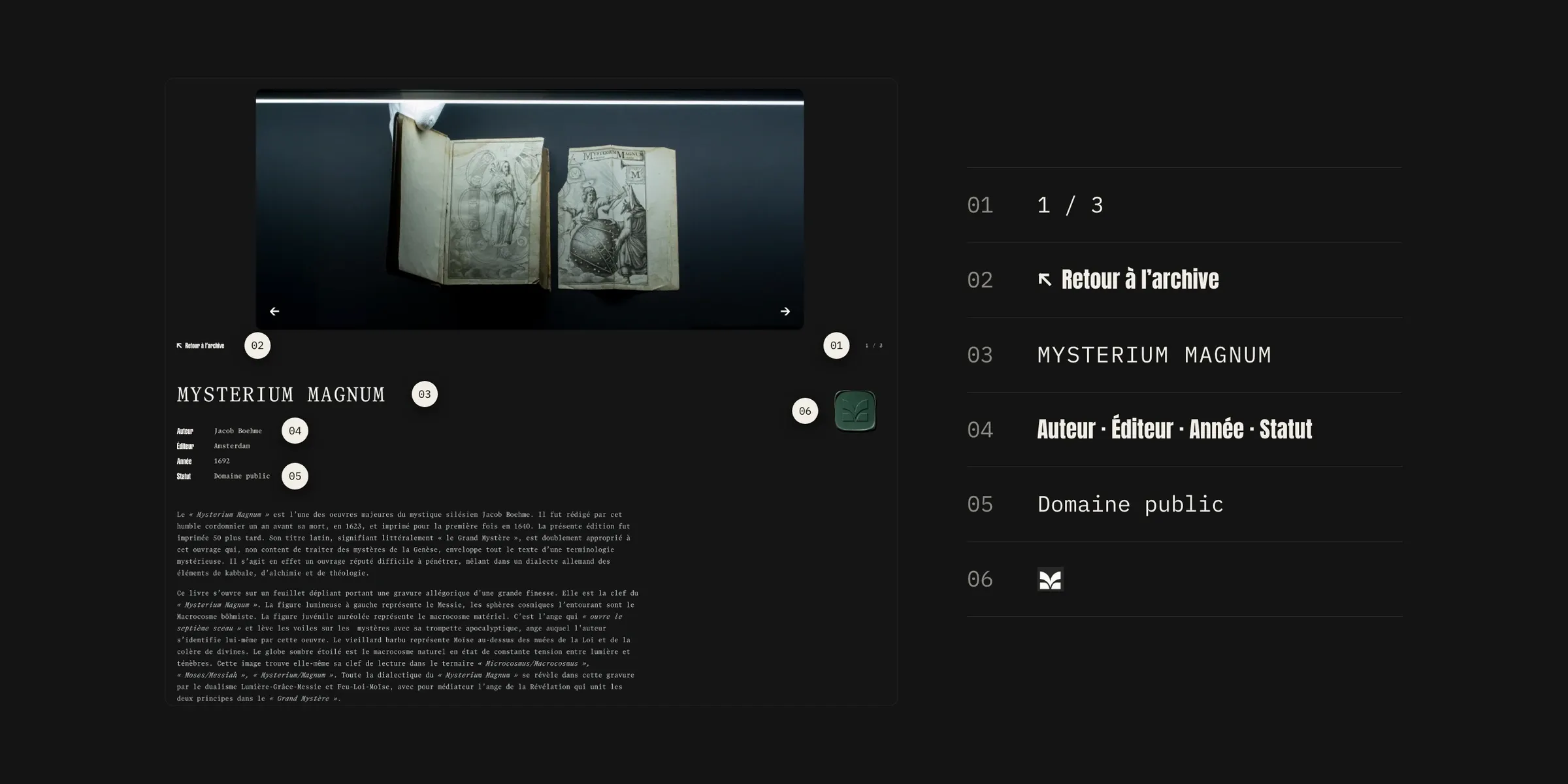 L’anatomie d’une fiche : galerie, retour à l’archive, titre, champs, statut et pastille