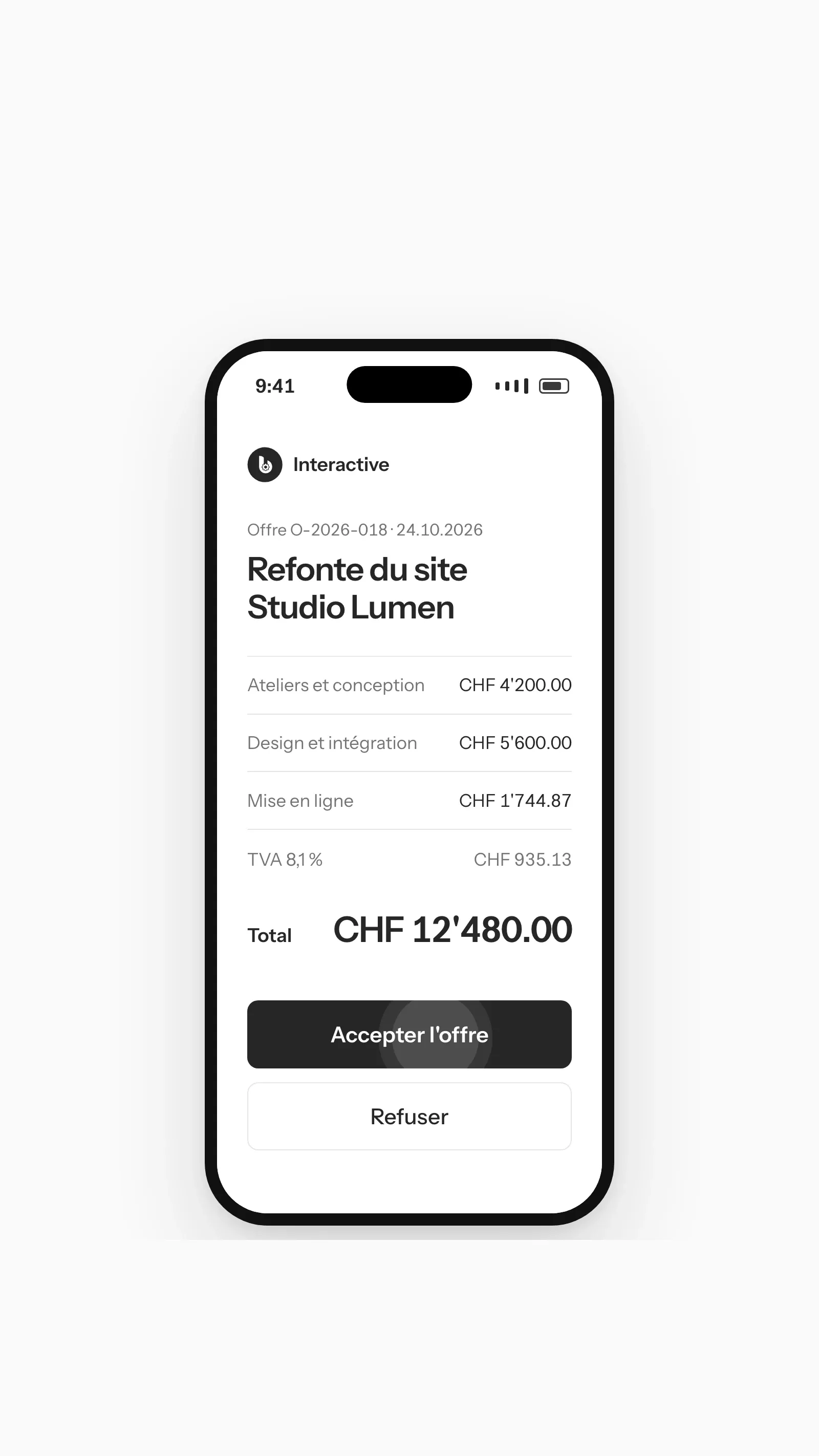 L'offre acceptée depuis un téléphone