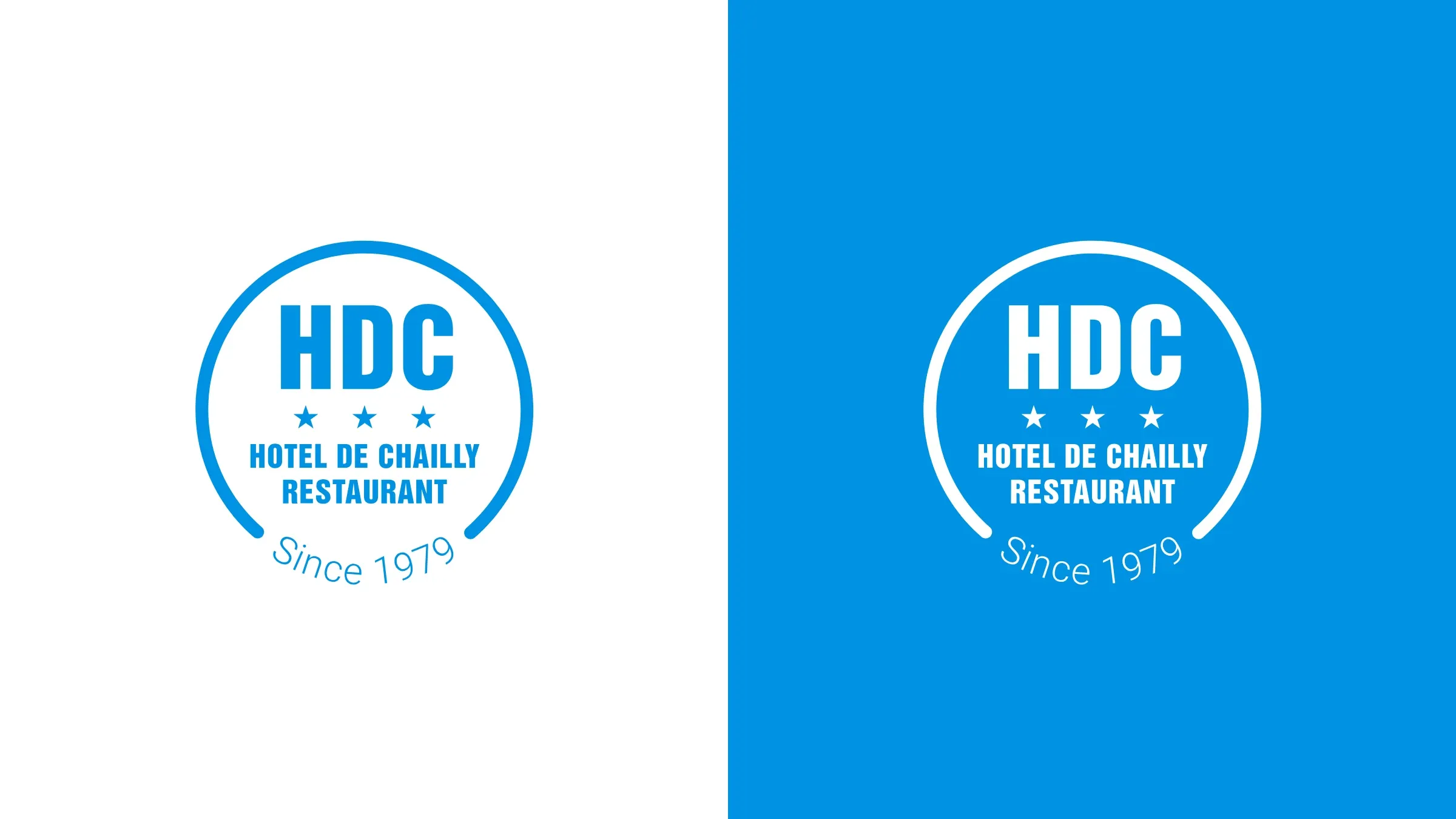 Le logo de l'Hôtel de Chailly, en bleu sur blanc et en blanc sur bleu
