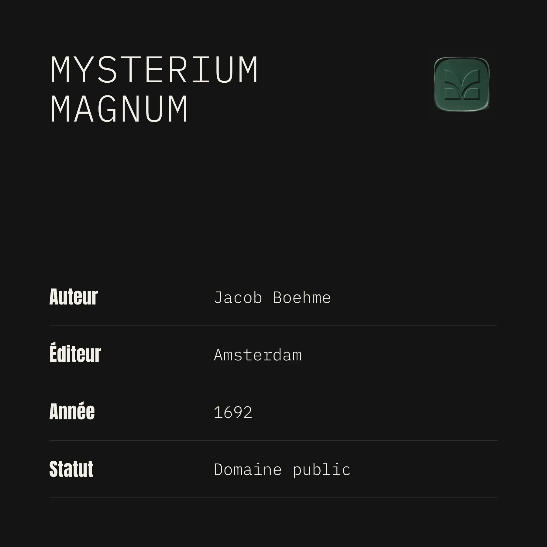 Auteur, éditeur, année et statut du Mysterium Magnum