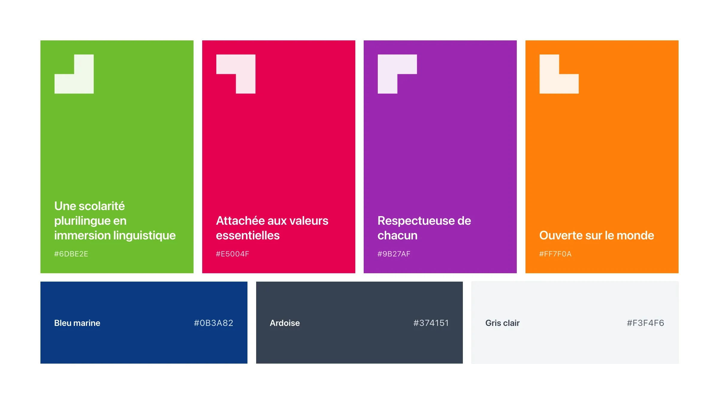 La palette : vert, rouge, violet et orange, avec le bleu marine, l’ardoise et le gris clair