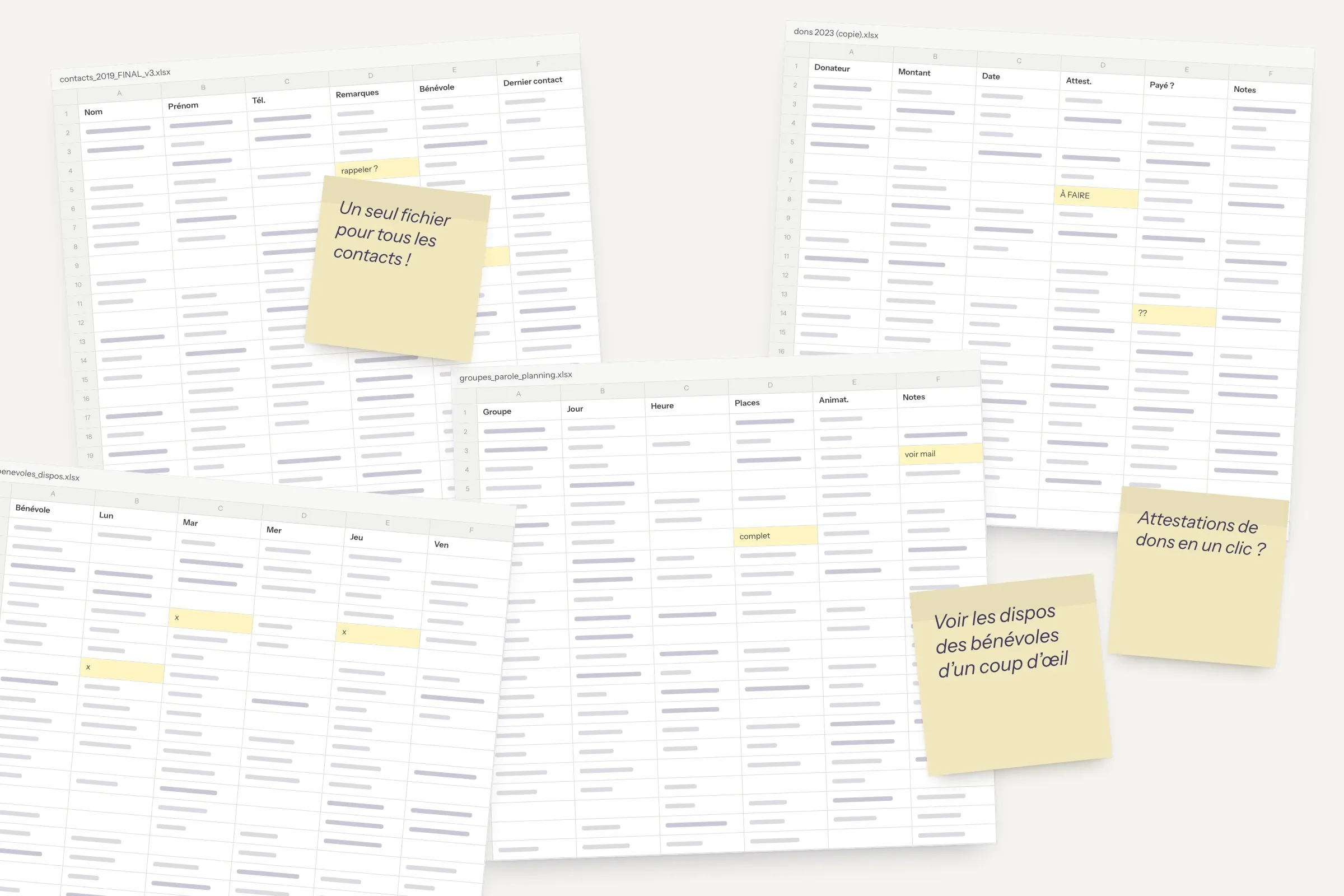 Les fichiers Excel de l’association, annotés de post-its