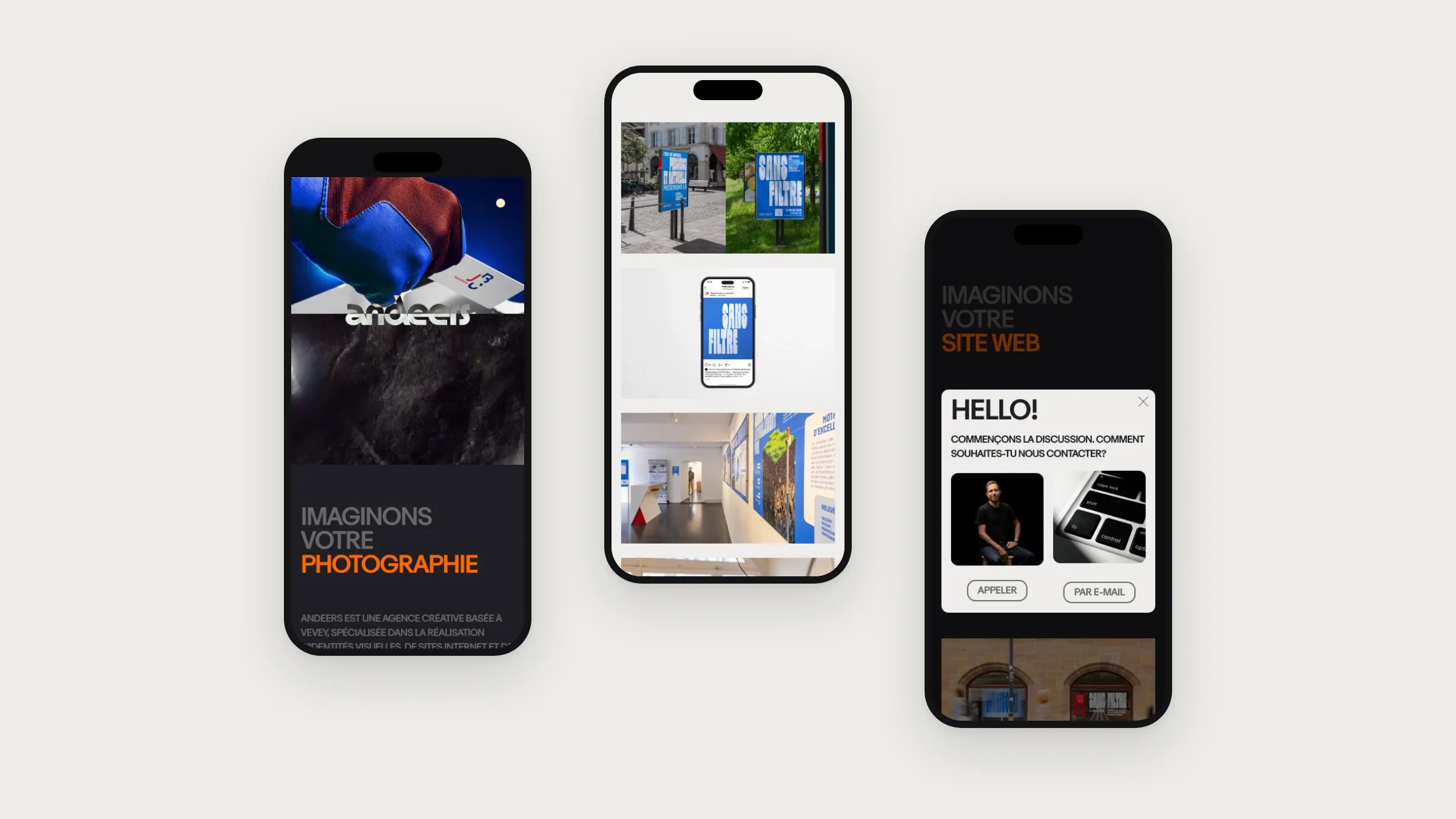 L’accueil, une réalisation et le contact sur smartphone
