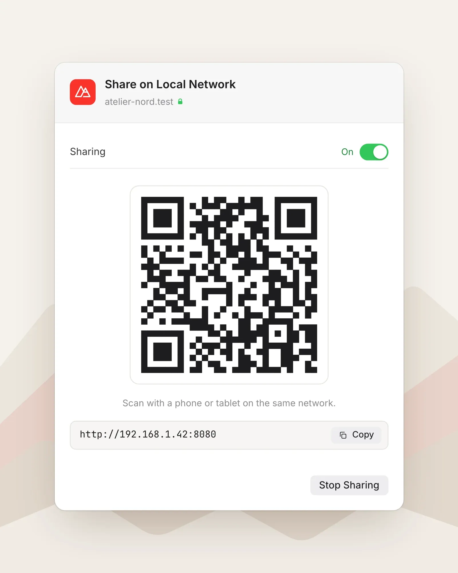 Le partage sur le réseau local, avec son QR code