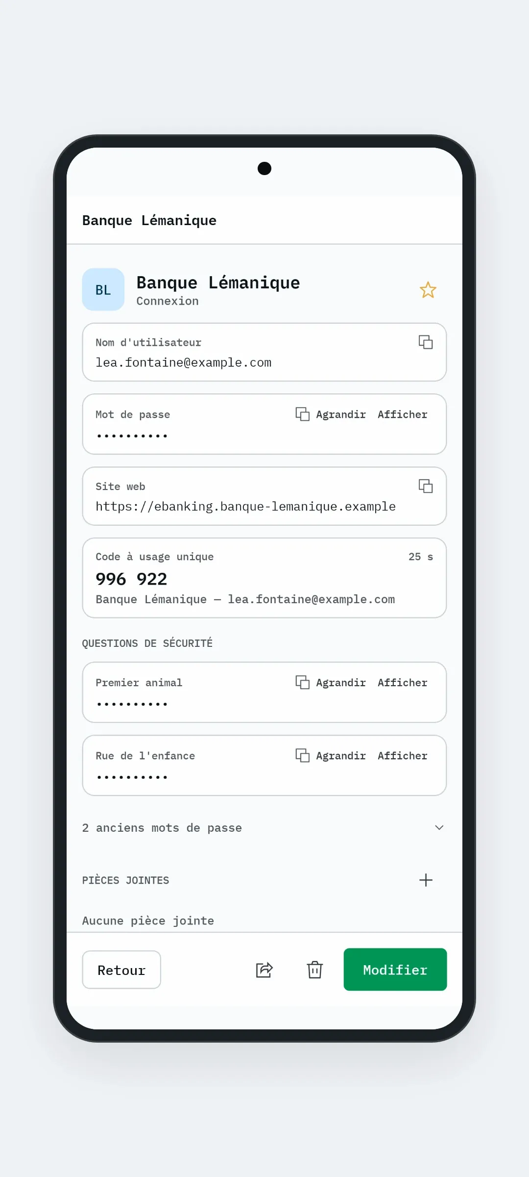Une connexion et son code à usage unique sur Android
