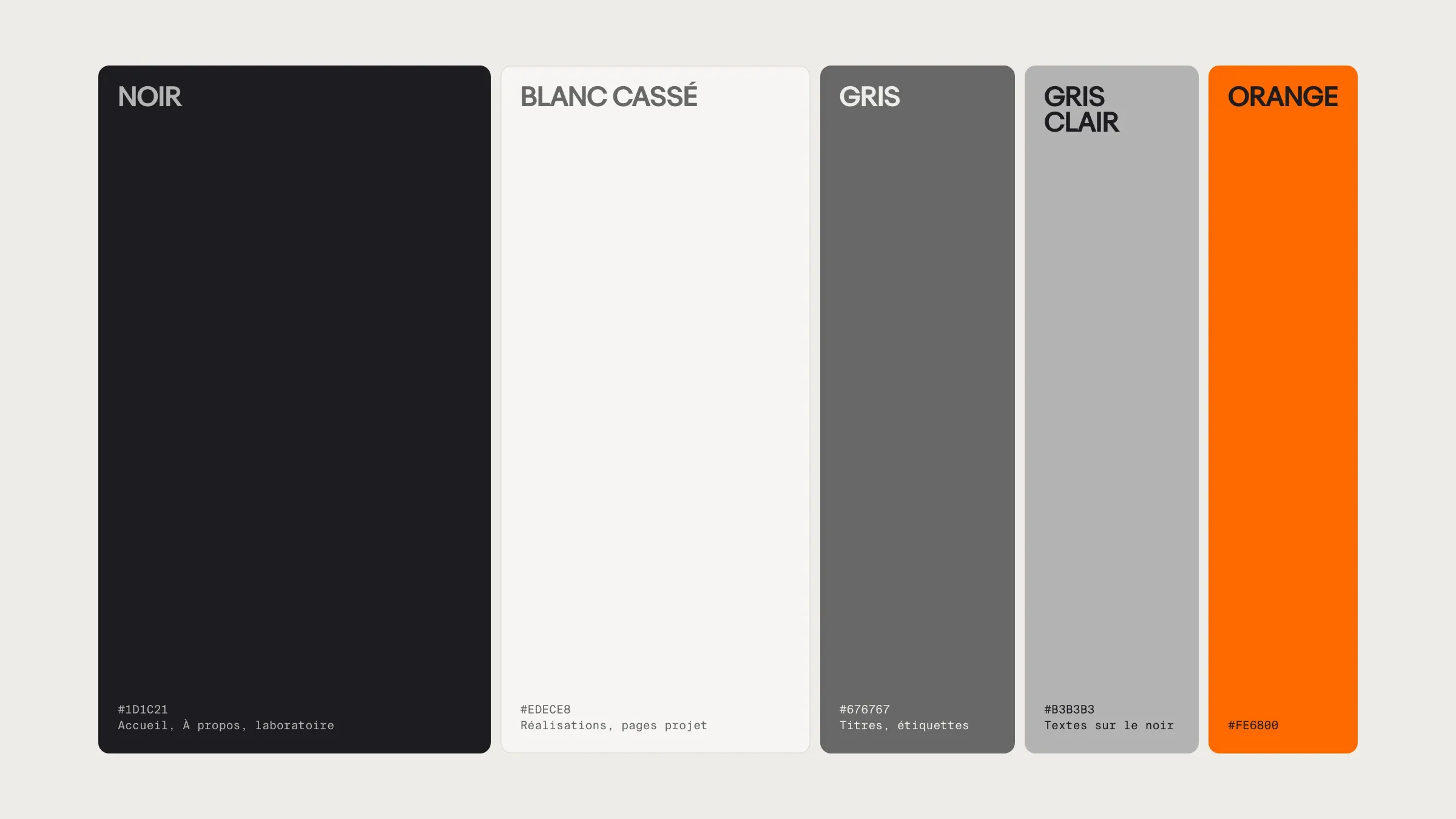 Le noir, le blanc cassé, deux gris et l’orange