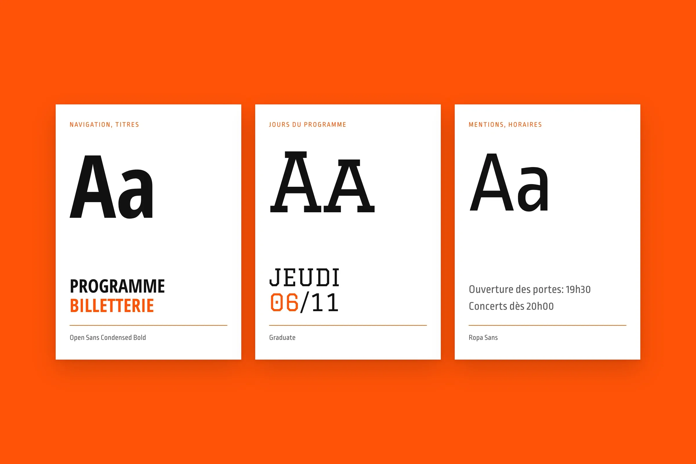Les trois typographies : Open Sans Condensed Bold, Graduate et Ropa Sans