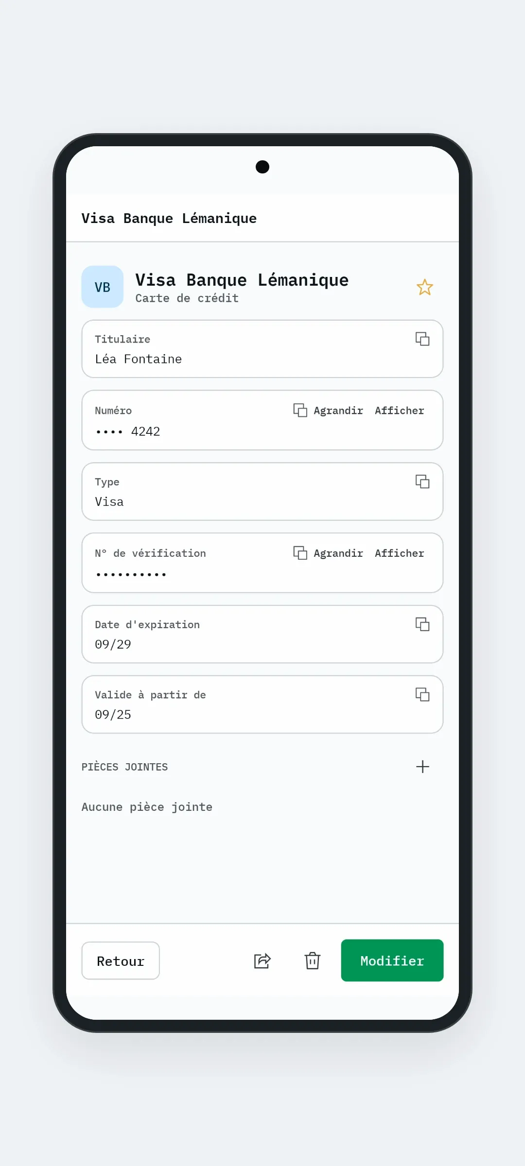 Une carte de crédit sur Android