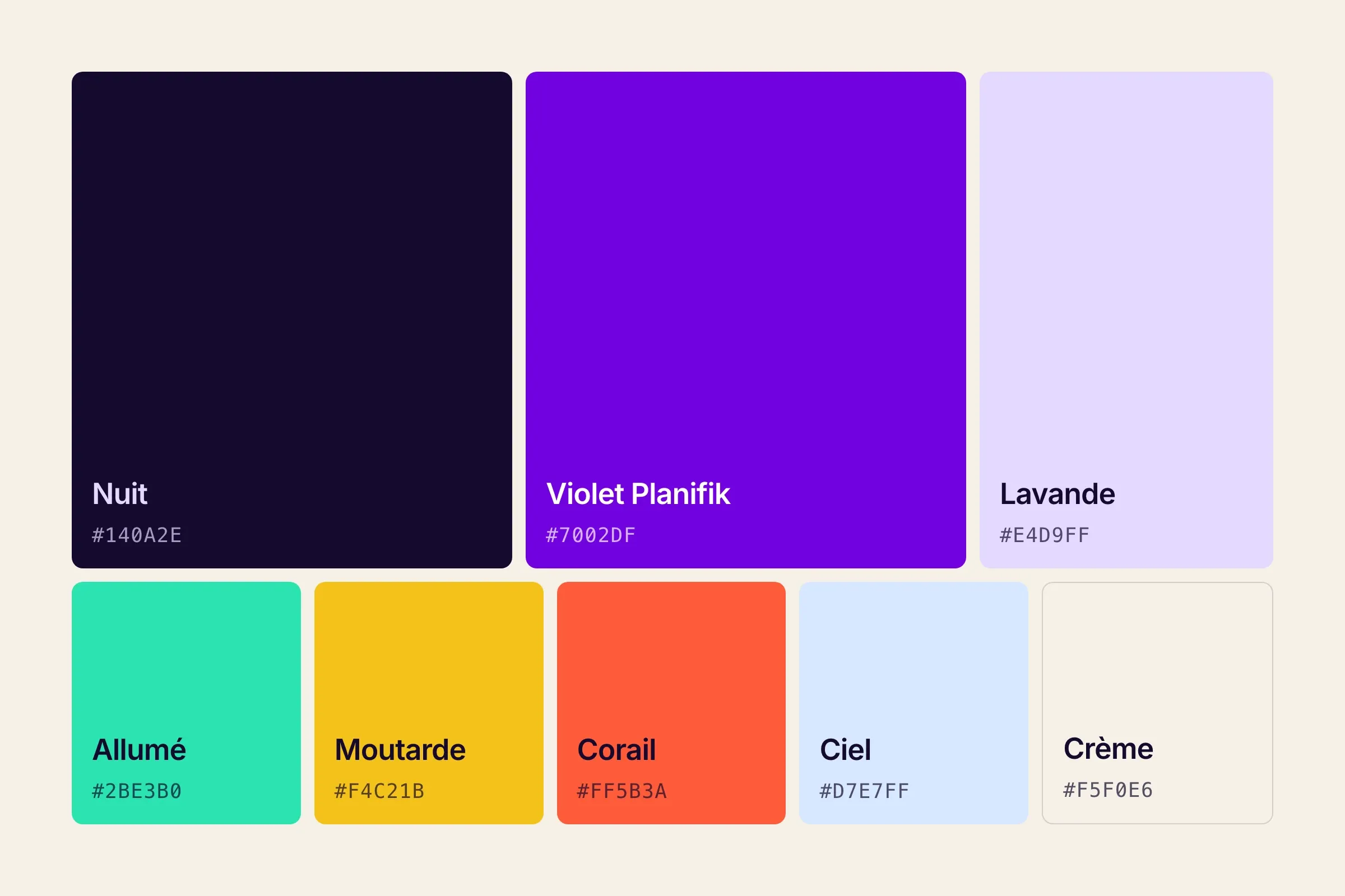 La palette : Nuit, Violet Planifik, Lavande, Allumé, Moutarde, Corail, Ciel et Crème