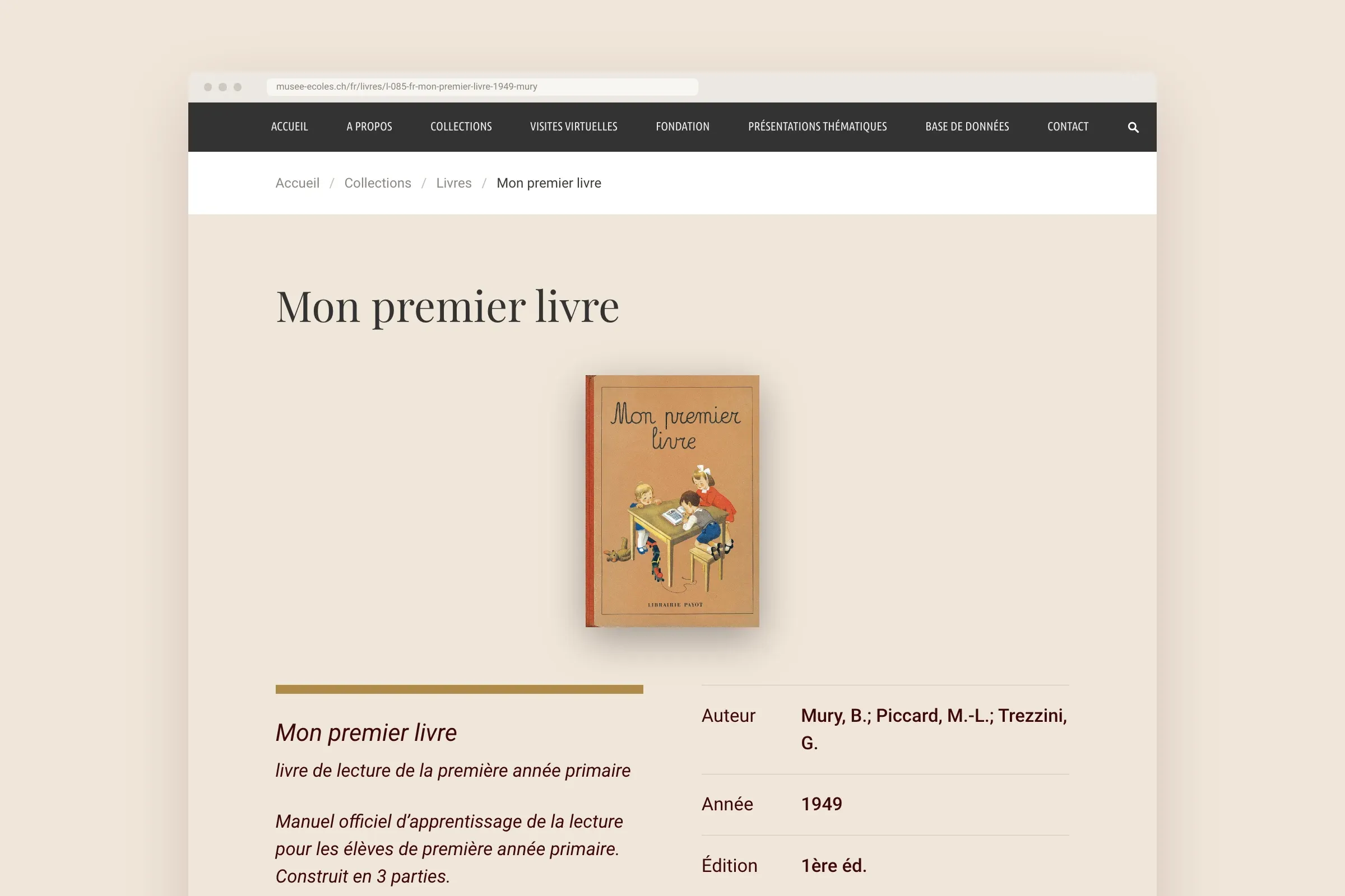 La fiche de Mon premier livre, 1949