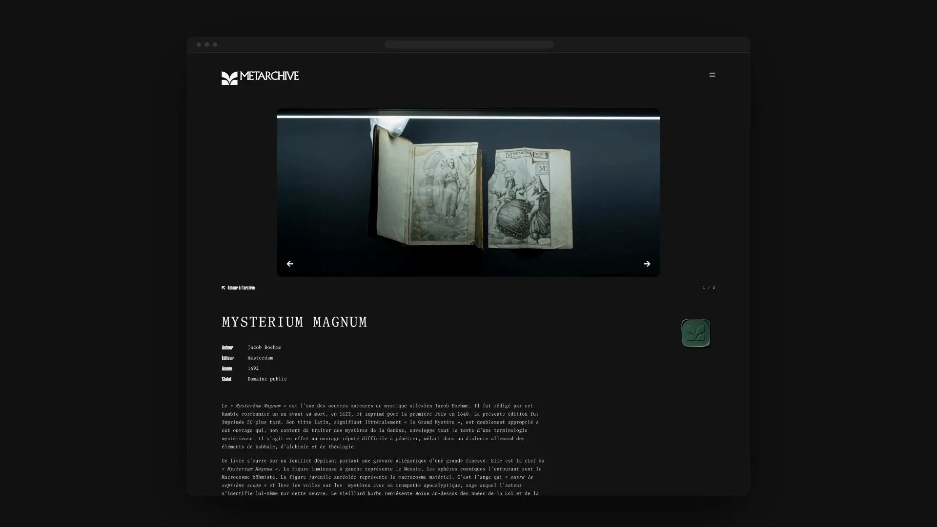 La fiche du Mysterium Magnum de Jacob Boehme, de la galerie aux ouvrages liés