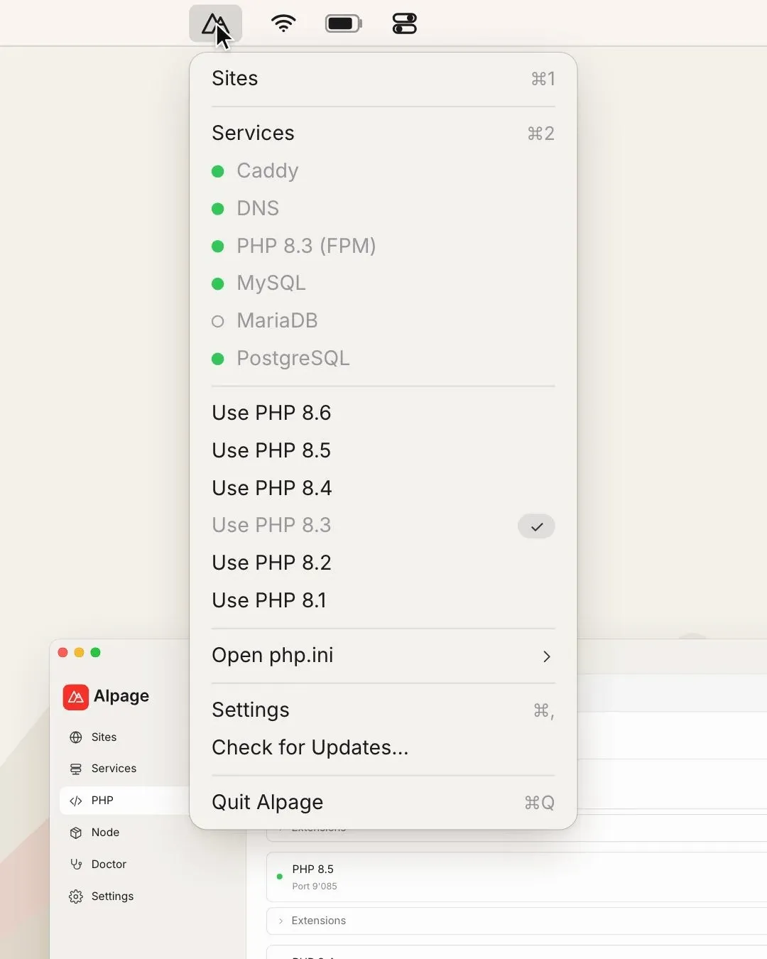 Le menu de la barre des menus change la version de PHP