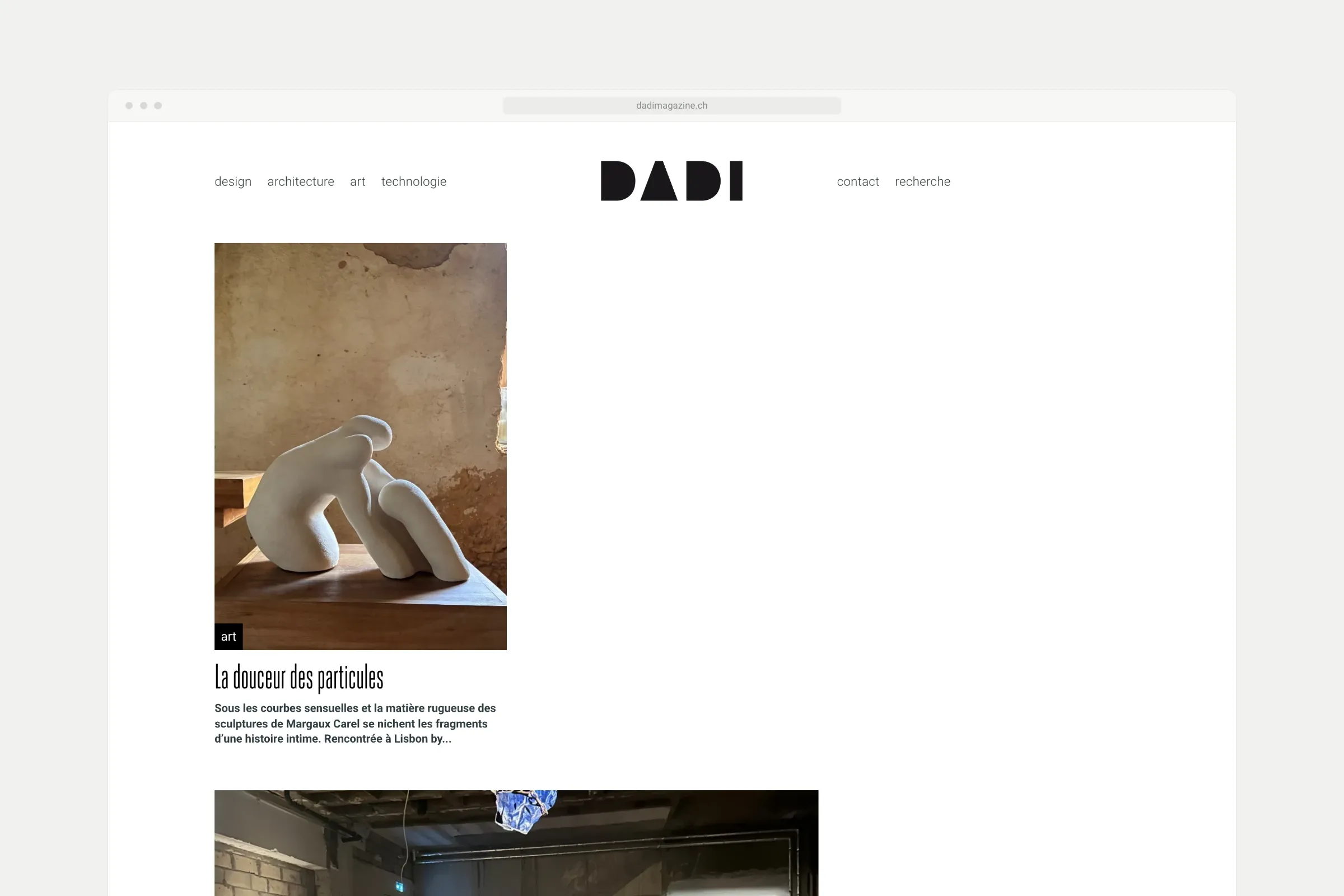 La page d'accueil sur ordinateur, avec l'article « La douceur des particules »