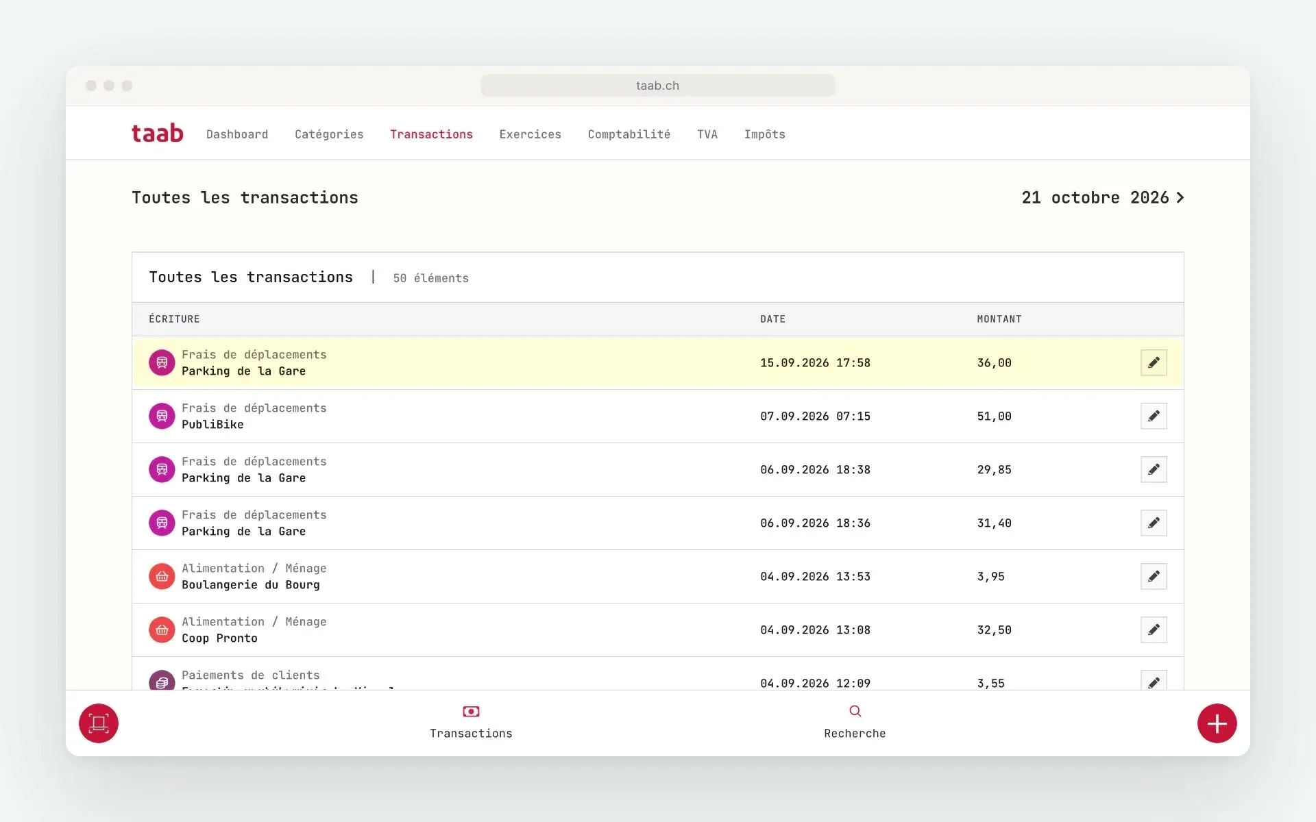 La liste des transactions