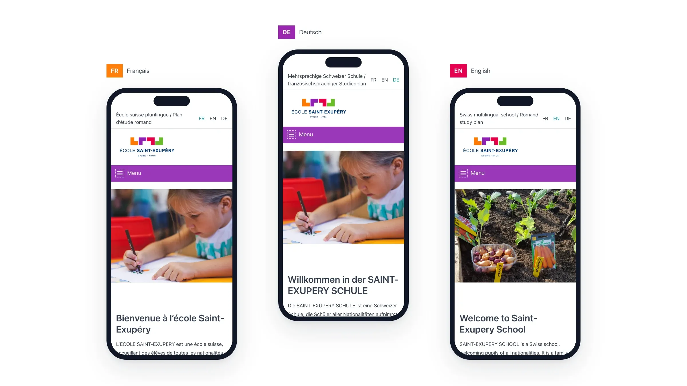 Le site en français, en allemand et en anglais sur mobile