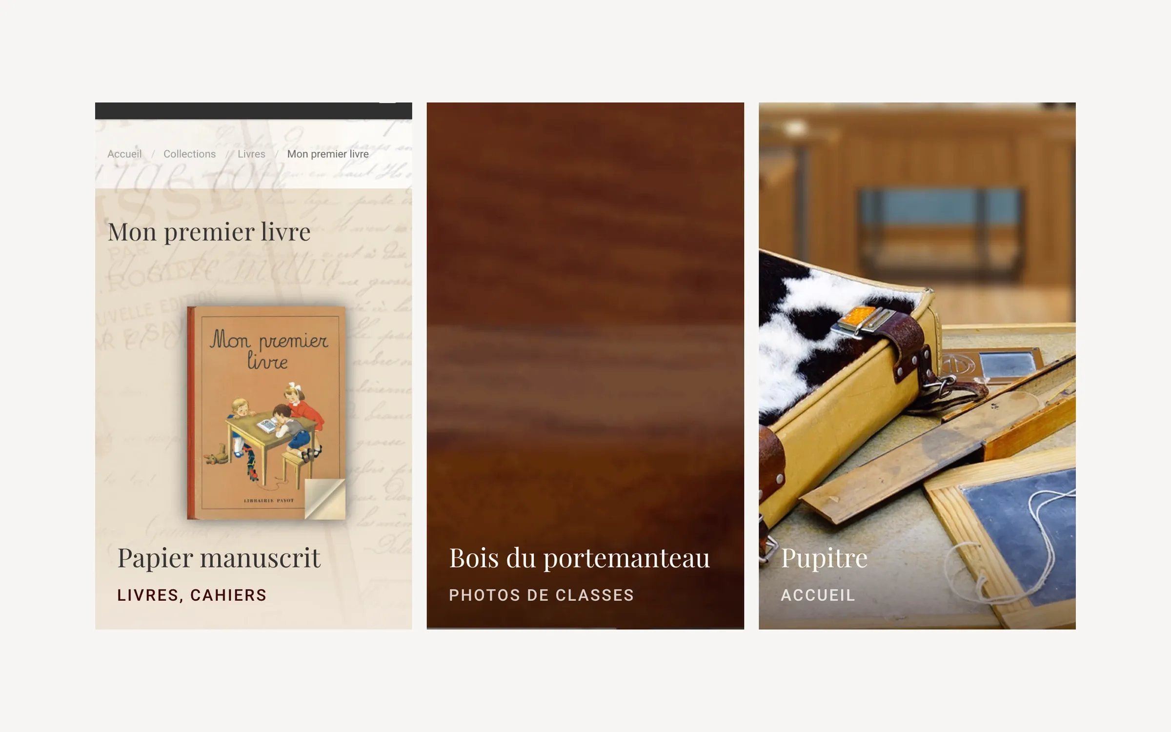 Trois décors : papier manuscrit, bois du portemanteau et pupitre