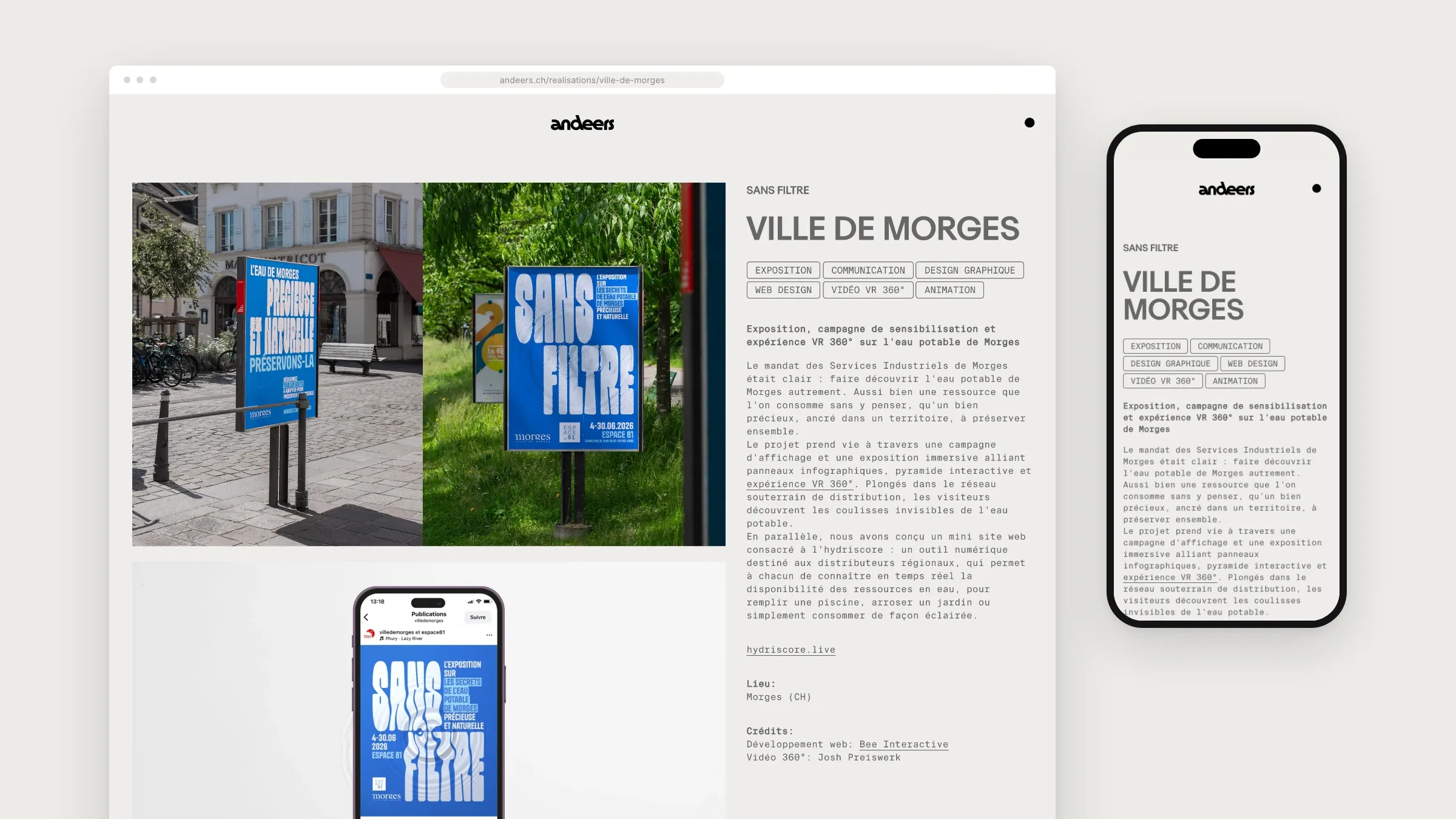 La page d’un projet, Sans Filtre pour la Ville de Morges, sur ordinateur et sur smartphone