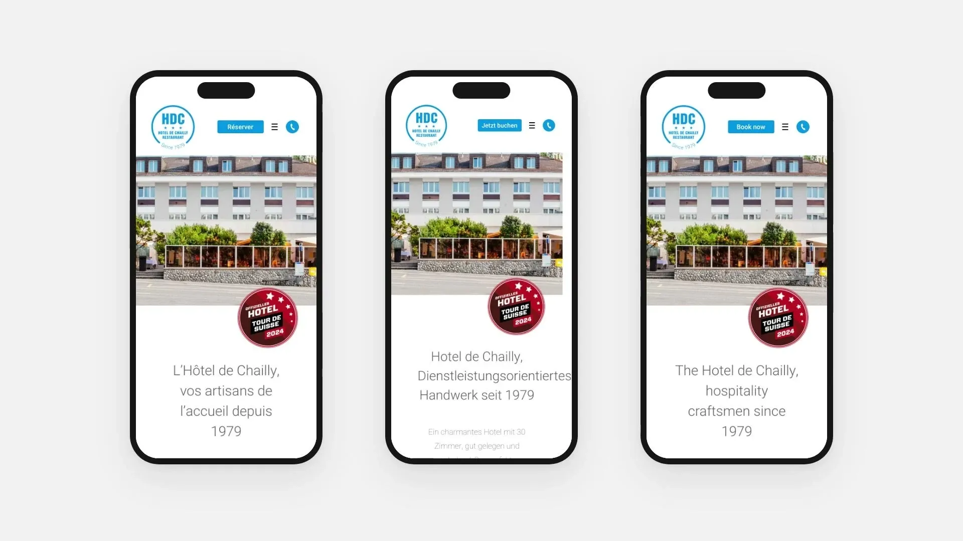 L'accueil et le restaurant sur smartphone, en français, en allemand et en anglais