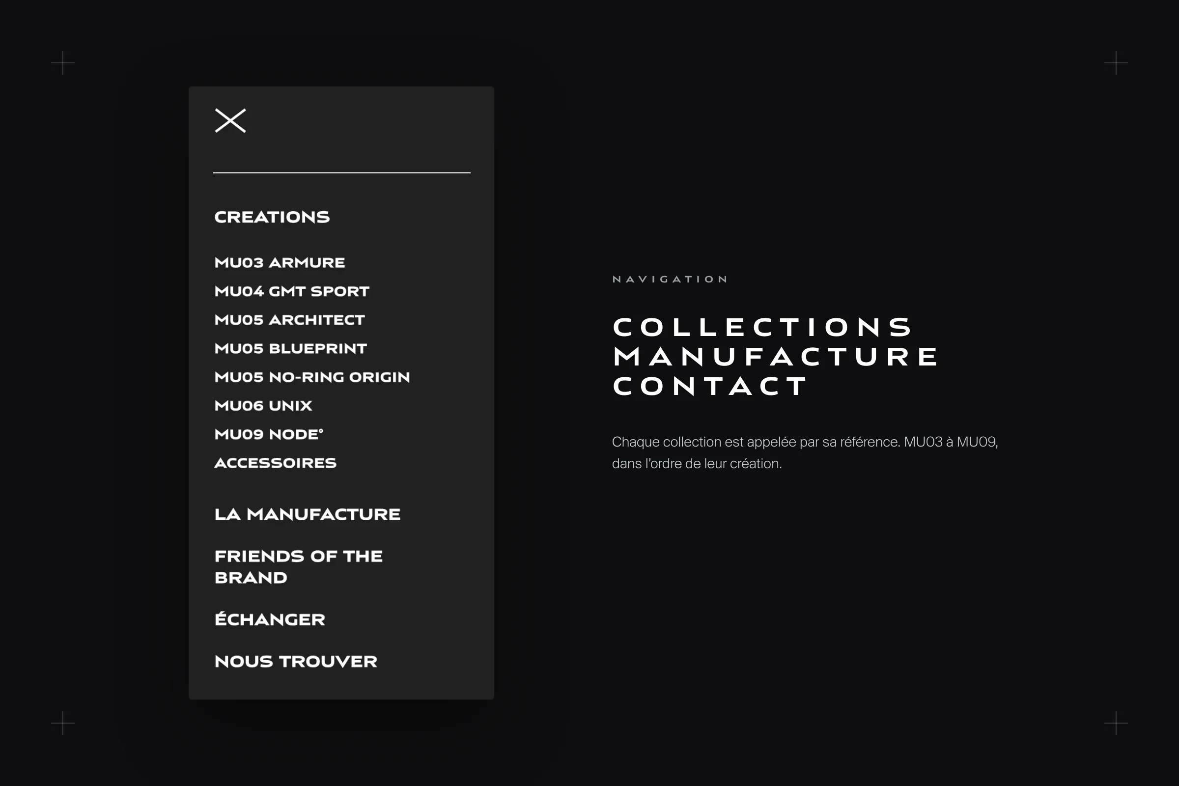 La navigation : collections, manufacture, contact