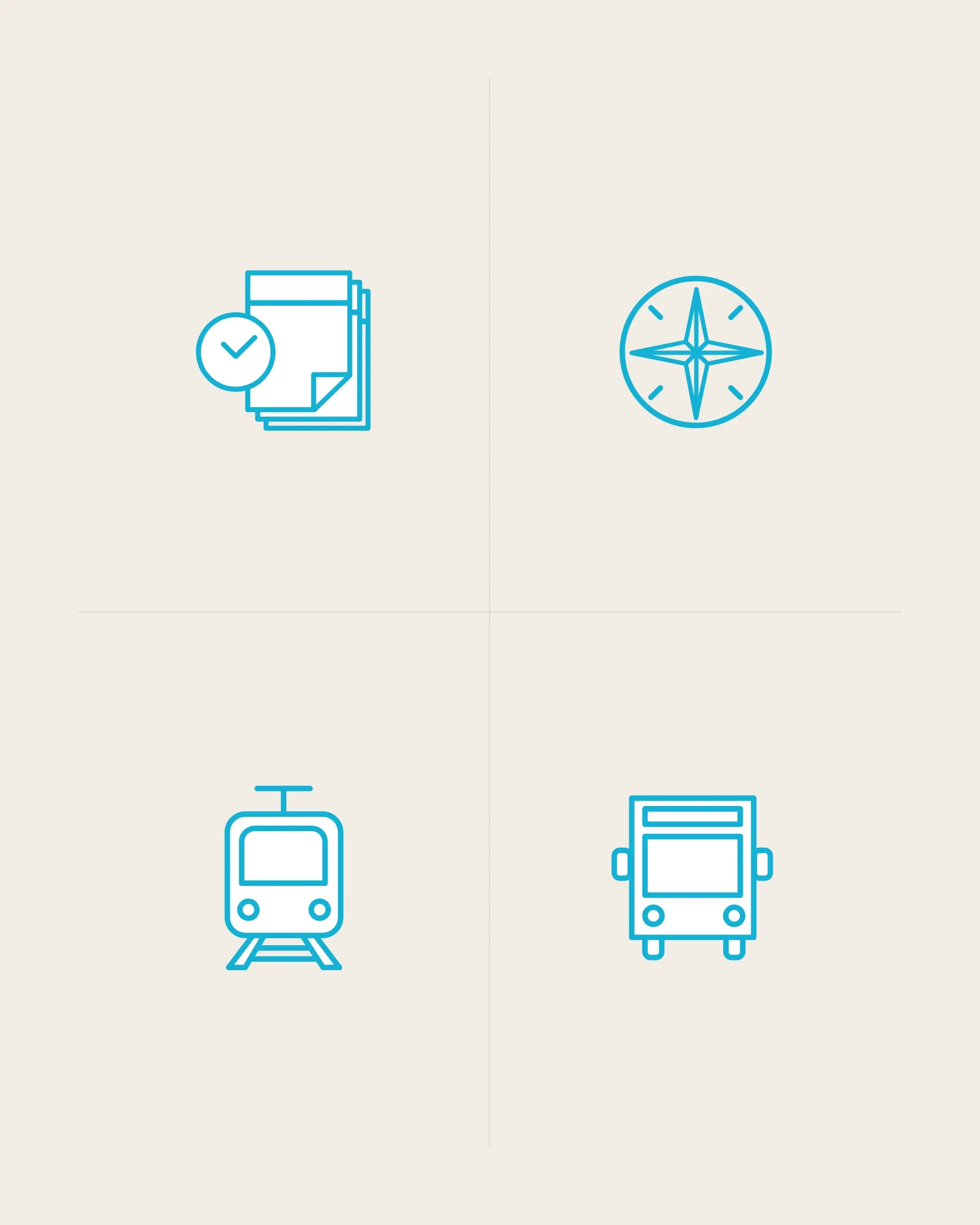 Les pictogrammes de la page pratique : date, lieu, train et bus