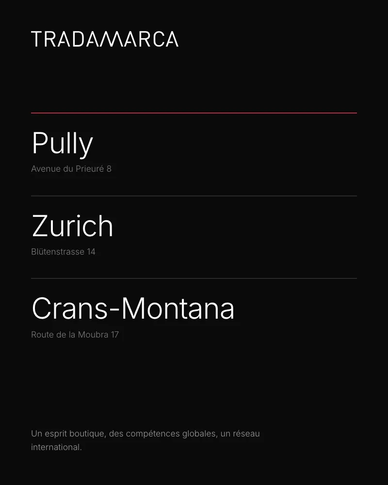 Les trois bureaux : Pully, Zurich et Crans-Montana
