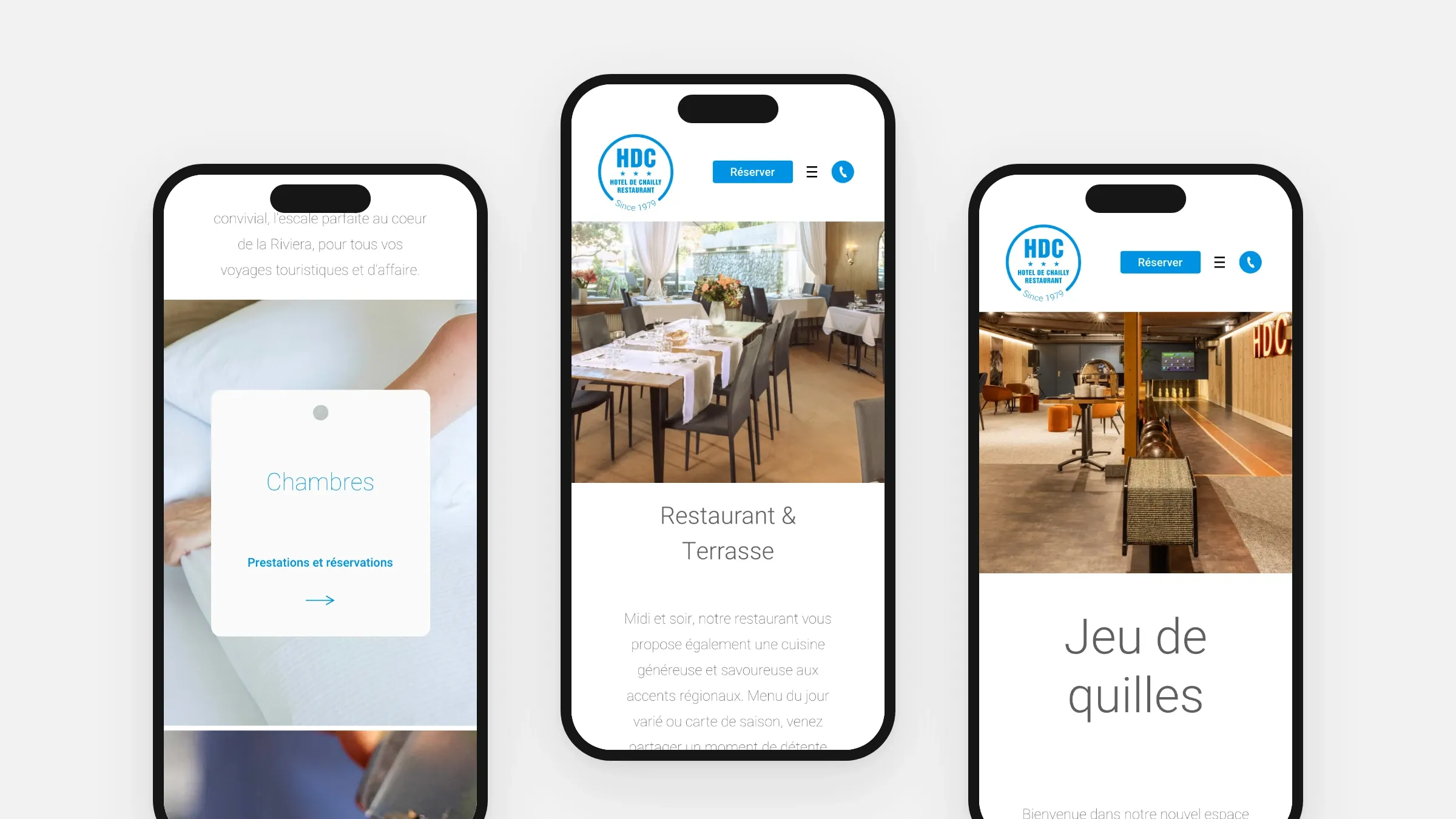Les chambres, le restaurant et le jeu de quilles sur smartphone