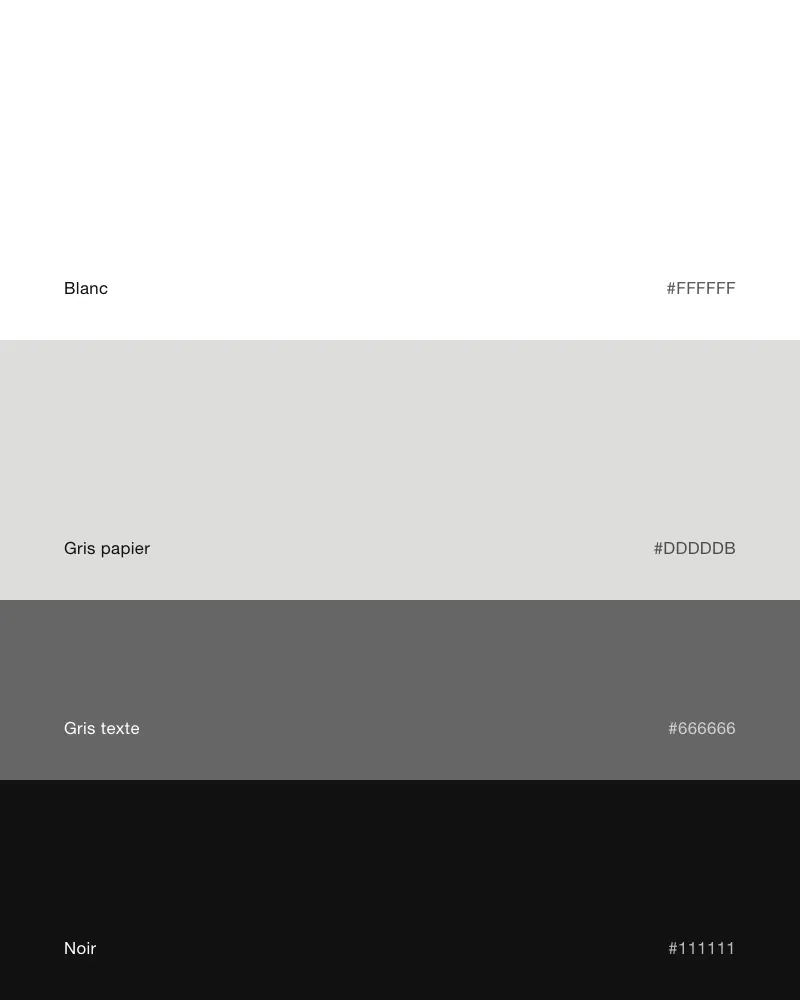 La palette : blanc, gris papier, gris texte et noir