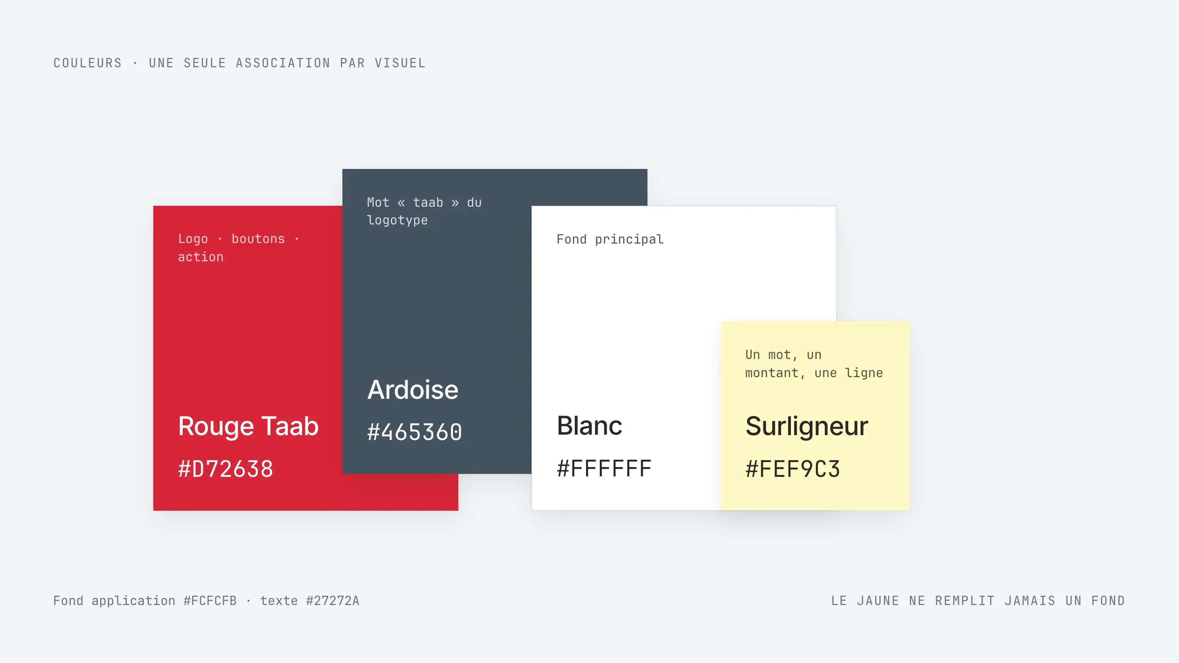 La palette : rouge Taab, ardoise, blanc et surligneur