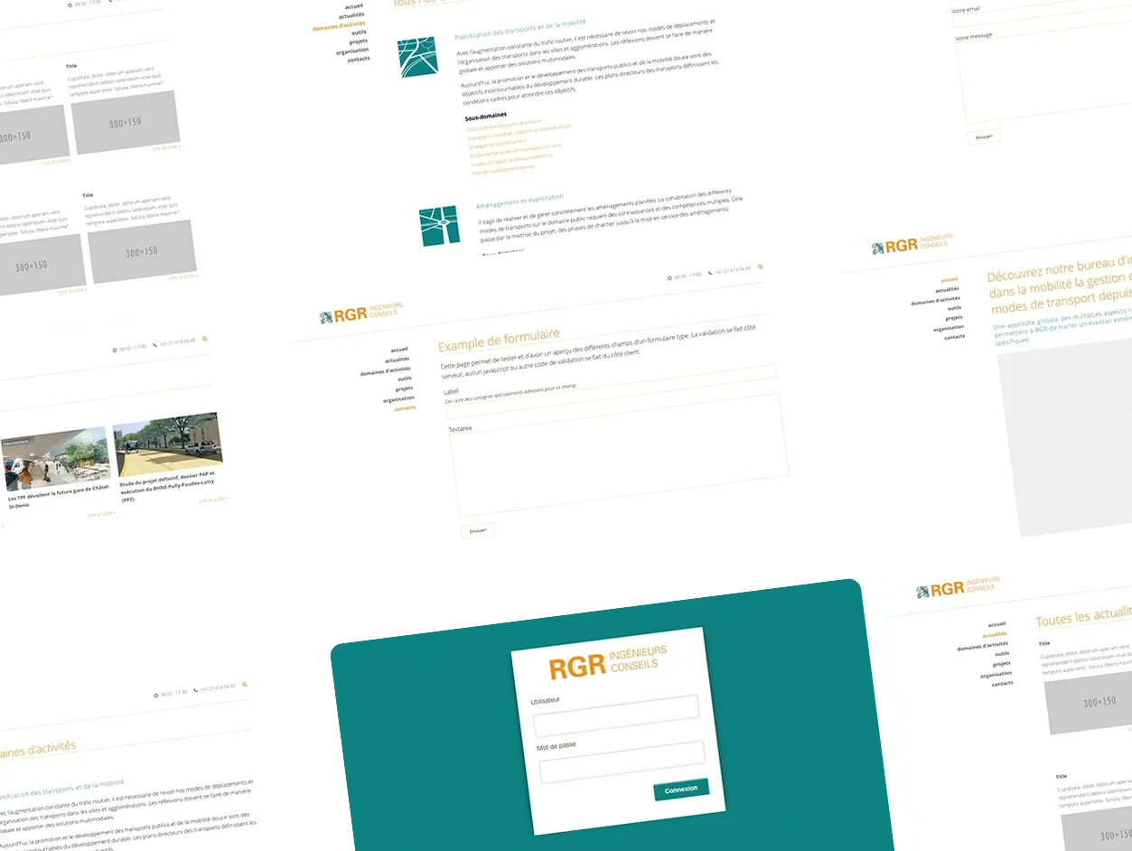 Les interfaces du site : accueil, domaines d’activités, actualités, contact et connexion au CMS